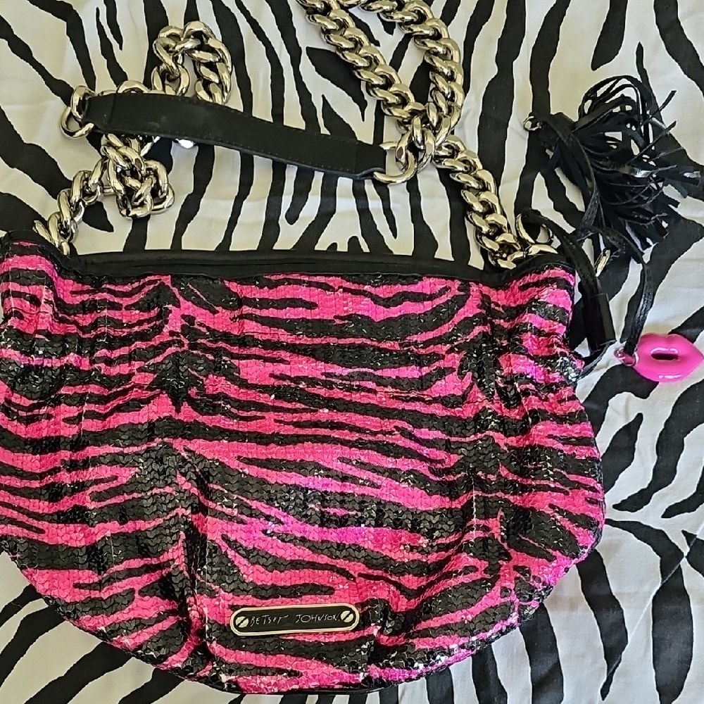 Betsey Johnson Vibrant Pink and Black Zebra Shoulder Bag